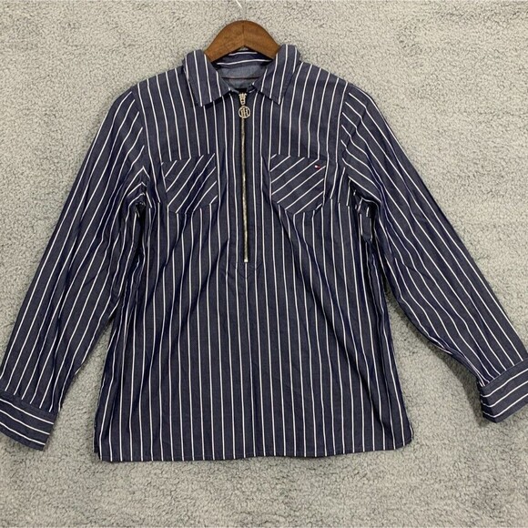 Tommy Hilfiger PM Blue & White Striped Deep V-Neck Half-Zip Long Sleeve Shirt - Picture 1 of 15